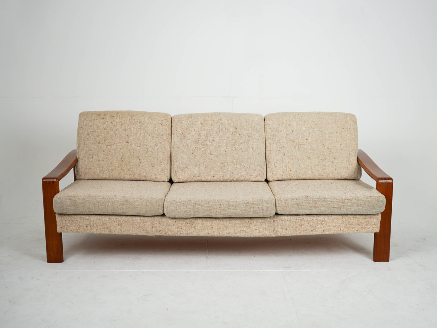 Vintage Teak Sofa Beige Mid Century Wollstoff