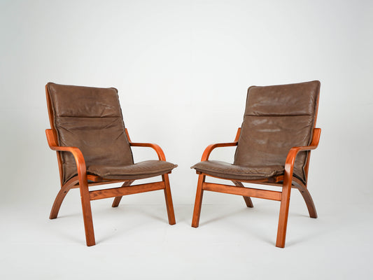 Teak Sessel Leder Hochlehner Vintage 60er Mid Century Retro