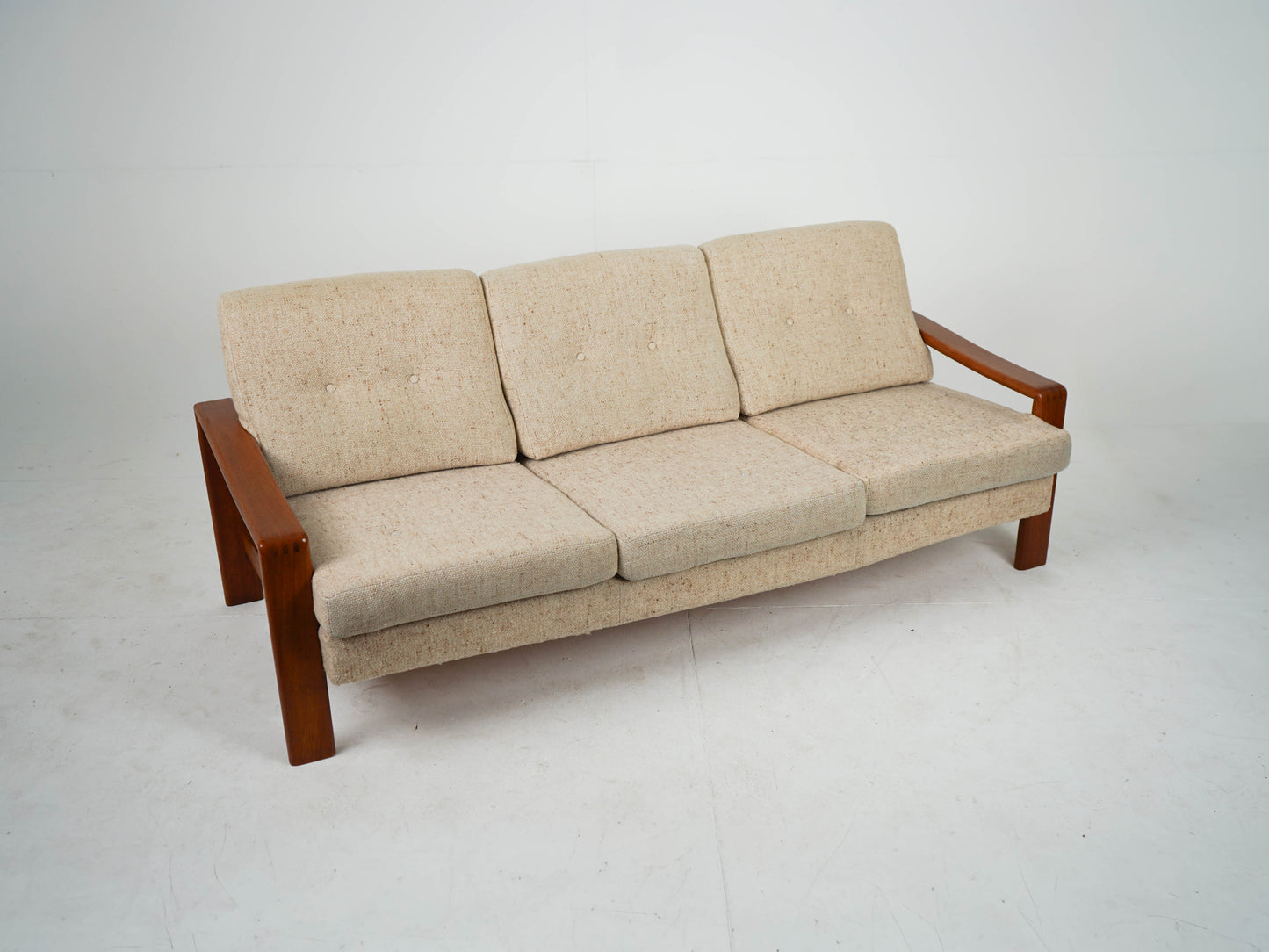 Vintage Teak Sofa Beige Mid Century Wollstoff