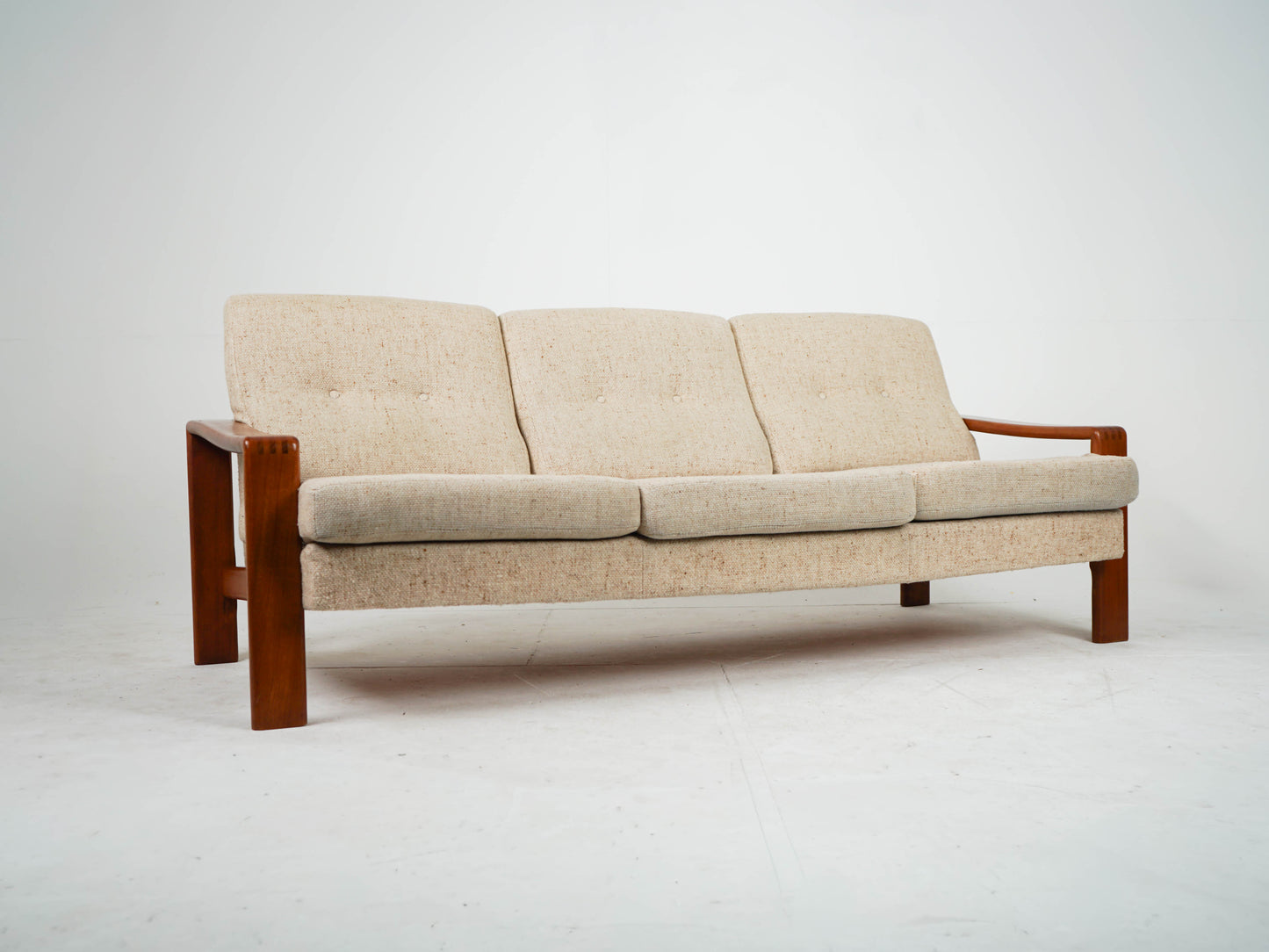 Vintage Teak Sofa Beige Mid Century Wollstoff