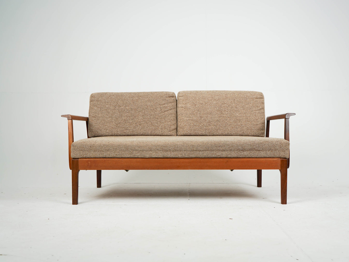 Teak Sofa Daybed 2 Sitzer Vintage Wollstoff Mid Century