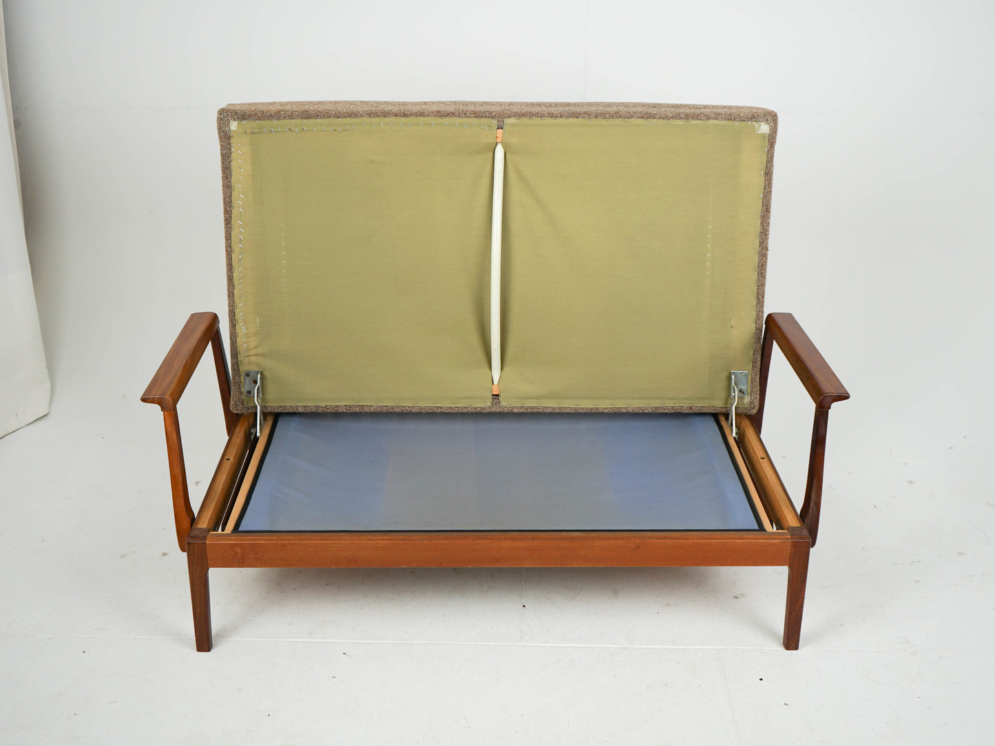 Teak Sofa Daybed 2 Sitzer Vintage Wollstoff Mid Century