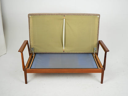 Teak Sofa Daybed 2 Sitzer Vintage Wollstoff Mid Century